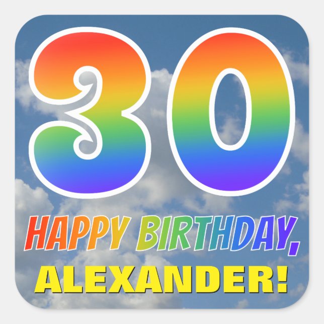 Pegatina Cuadrada Aspecto del arcoiris "30" y "FELIZ CUMPLEAÑOS", nu (Anverso)