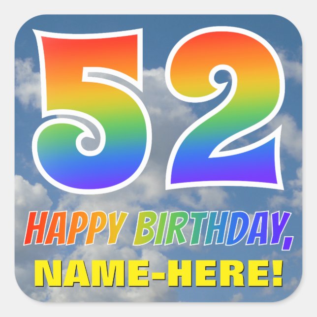 Pegatina Cuadrada Aspecto del arcoiris "52" y "FELIZ CUMPLEAÑOS", nu (Anverso)