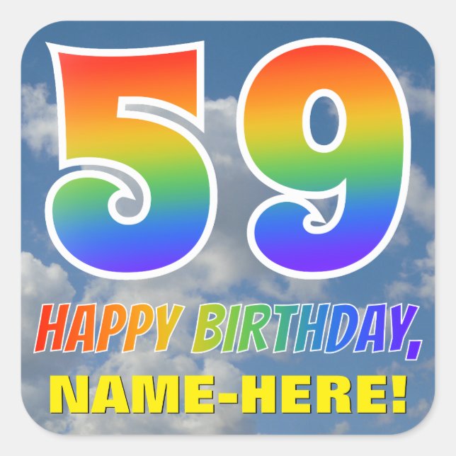 Pegatina Cuadrada Aspecto del arcoiris "59" y "FELIZ CUMPLEAÑOS", nu (Anverso)