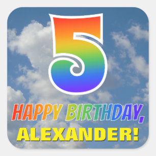 Pegatina Cuadrada Aspecto del arcoiris "5" y "FELIZ CUMPLEAÑOS", nub
