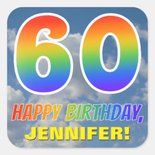 Pegatina Cuadrada Aspecto del arcoiris "60" y "FELIZ CUMPLEAÑOS", nu