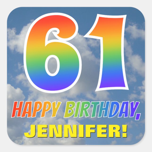 Pegatina Cuadrada Aspecto del arcoiris "61" y "FELIZ CUMPLEAÑOS", nu (Anverso)