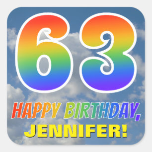 Pegatina Cuadrada Aspecto del arcoiris "63" y "FELIZ CUMPLEAÑOS", nu
