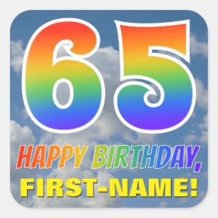 Pegatina Cuadrada Aspecto del arcoiris "65" y "FELIZ CUMPLEAÑOS", nu
