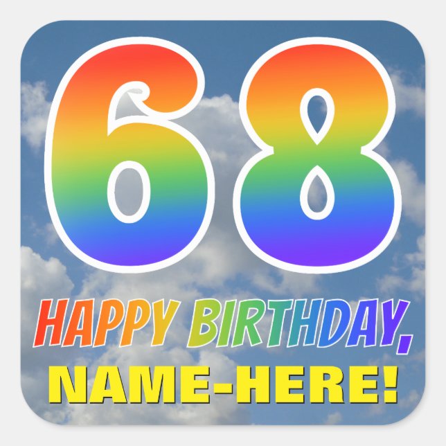 Pegatina Cuadrada Aspecto del arcoiris "68" y "FELIZ CUMPLEAÑOS", nu (Anverso)