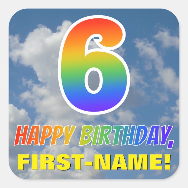 Pegatina Cuadrada Aspecto del arcoiris "6" y "FELIZ CUMPLEAÑOS", nub (Anverso)