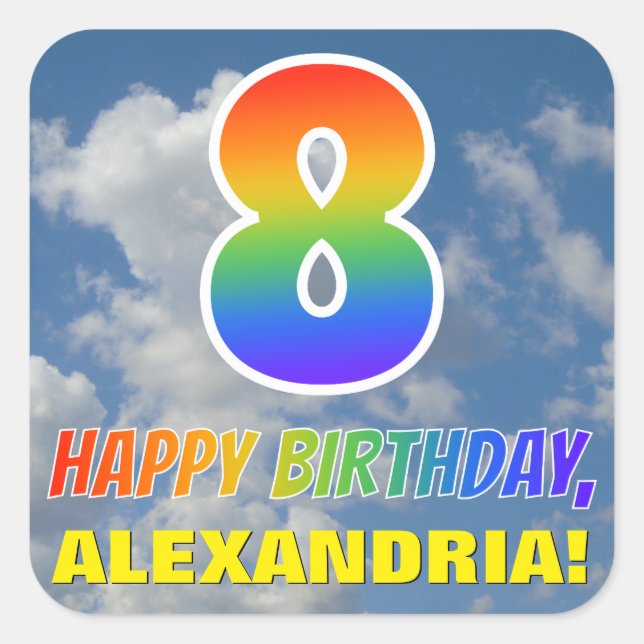 Pegatina Cuadrada Aspecto del arcoiris "8" y "FELIZ CUMPLEAÑOS", nub (Anverso)