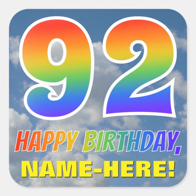 Pegatina Cuadrada Aspecto del arcoiris "92" y "FELIZ CUMPLEAÑOS", nu (Anverso)