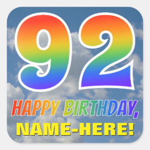 Pegatina Cuadrada Aspecto del arcoiris "92" y "FELIZ CUMPLEAÑOS", nu
