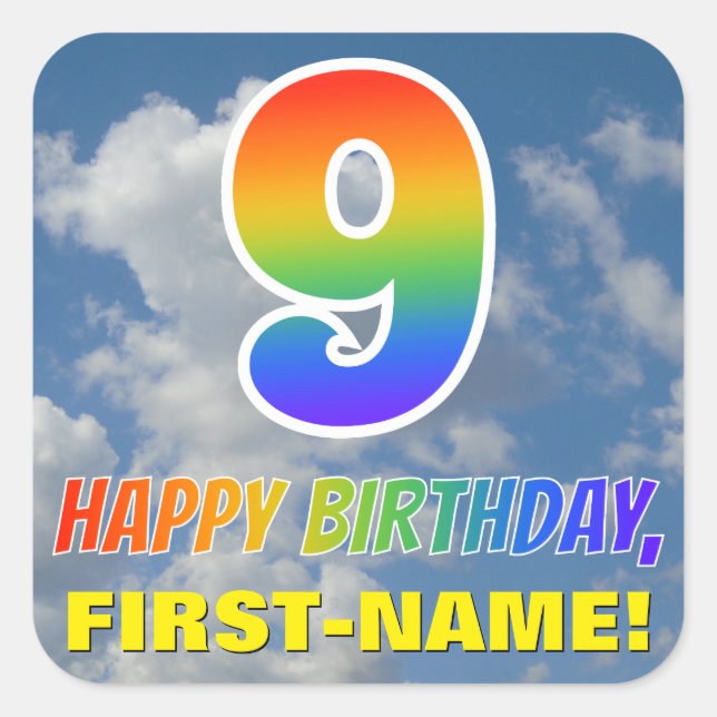 Pegatina Cuadrada Aspecto del arcoiris "9" y "FELIZ CUMPLEAÑOS", nub (Anverso)