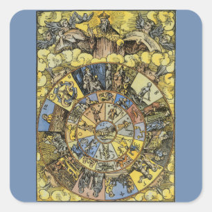 Pegatina Cuadrada Astrología antigua, rueda zodiacal del Renacimient