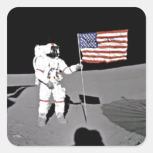 Pegatina Cuadrada Astronauta Alan Shepard, bandera americana en la