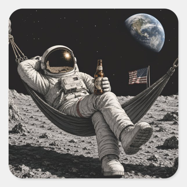 Pegatina Cuadrada Astronauta bebiendo cerveza (Anverso)