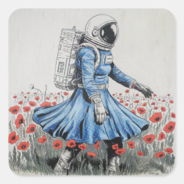 Pegatina Cuadrada astronauta con vestido azul caminando en amapolas