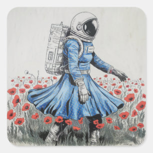 Pegatina Cuadrada astronauta con vestido azul caminando en amapolas