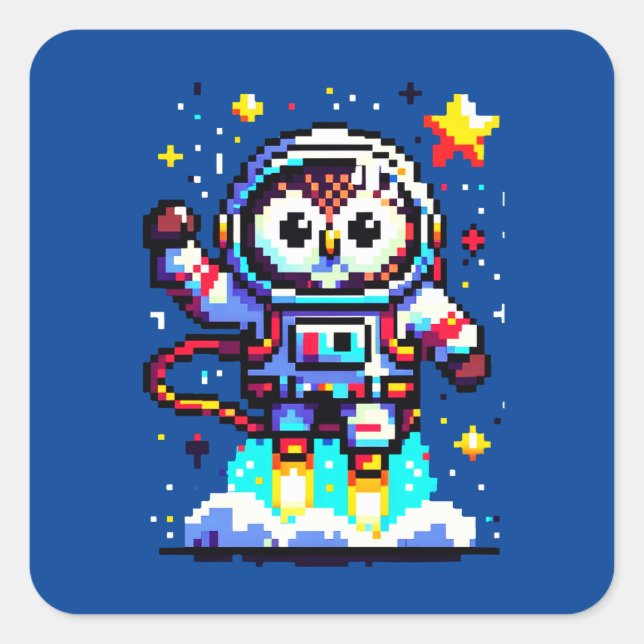 Pegatina Cuadrada Astronauta de búho de 8 bits - Explorador de espac (Anverso)