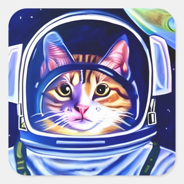 Pegatina Cuadrada Astronauta de gato en el espacio (Anverso)