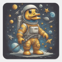 Astronauta del Pato Cute en el espacio con planeta