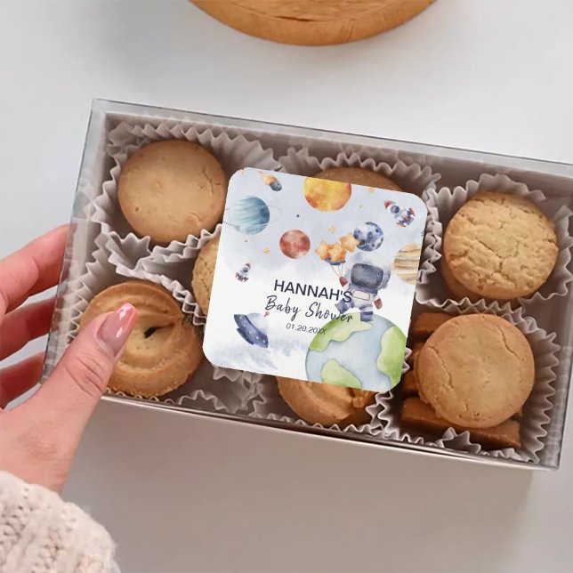 Pegatina Cuadrada Astronauta - Fiesta Baby Shower Boy (Astronaut Outer Space Boy Baby Shower Party Square Sticker)