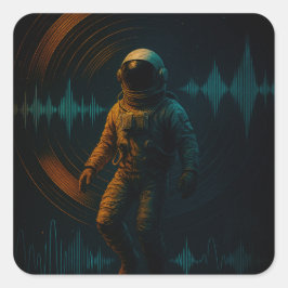 Pegatina Cuadrada Astronauta flotando en arte de sonido Glitchwave