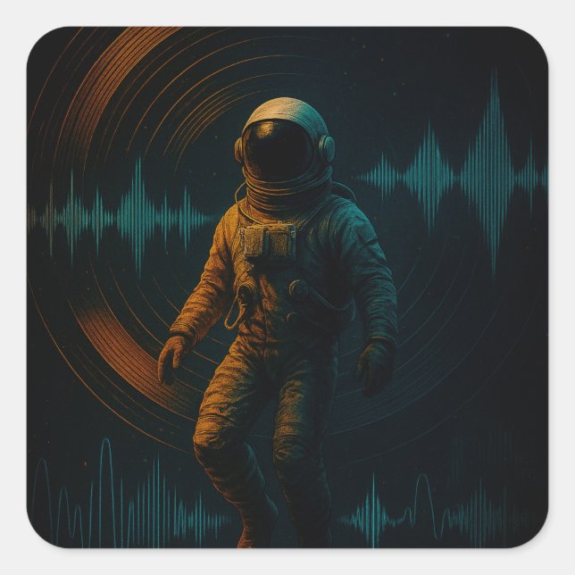 Pegatina Cuadrada Astronauta flotando en arte de sonido Glitchwave (Anverso)