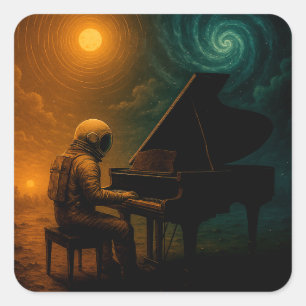 Pegatina Cuadrada Astronauta juega al piano en realidad dividida - s