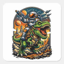 Pegatina Cuadrada Astronauta montando un T-Rex – Dinosaurio Espacial