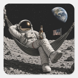 Pegatina Cuadrada Astronauta relajándose con cerveza en la Luna