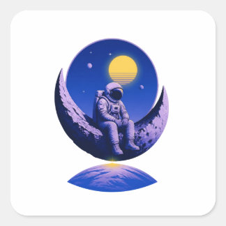 Pegatina Cuadrada Astronauta Retro en Luna Creciente – Arte Espacial
