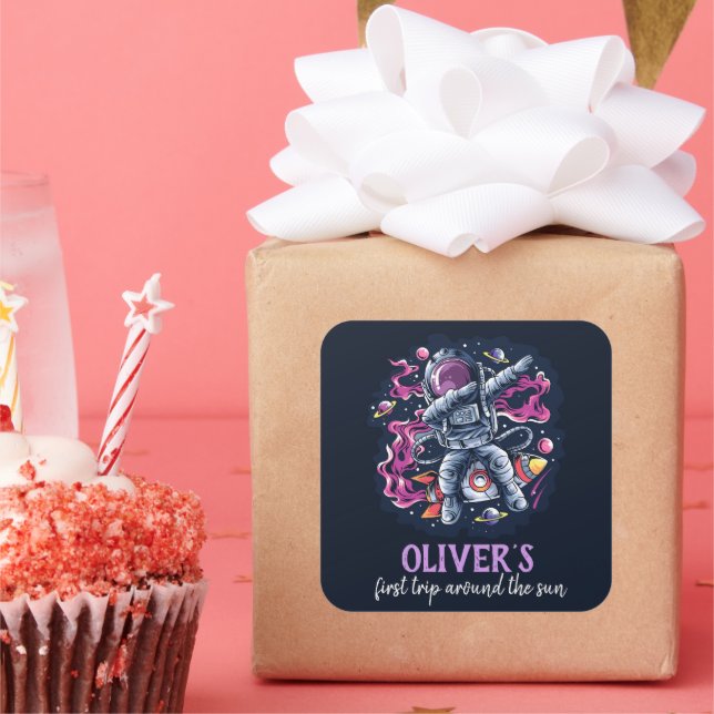 Pegatina Cuadrada Astronauta sobre un cohete espacial con estrellas  (Fiesta)