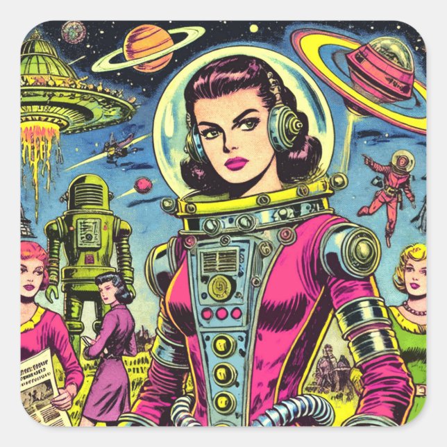 Pegatina Cuadrada Astronauta vintage Sci-Fi Comics (Anverso)