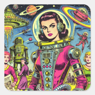 Pegatina Cuadrada Astronauta vintage Sci-Fi Comics
