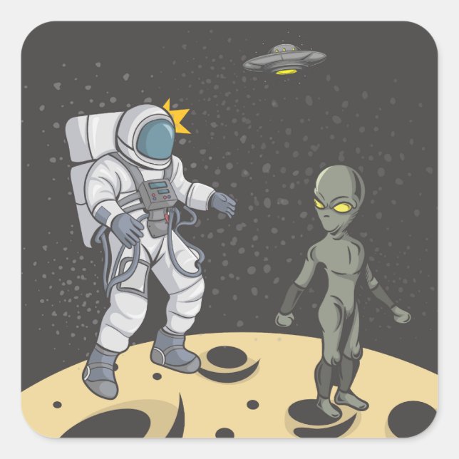 Pegatina Cuadrada Astronauta y alienígena   (Anverso)