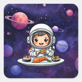 Pegatina Cuadrada Astronautas comiendo sushi