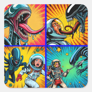 Pegatina Cuadrada Astronautas contra arte pop extranjero