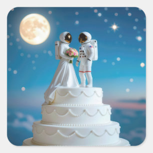 Pegatina Cuadrada Astronautas recién casados en una torta Boda