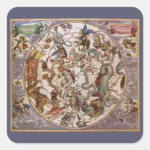 Pegatina Cuadrada Astronomía de época, constelaciones del cielo meri