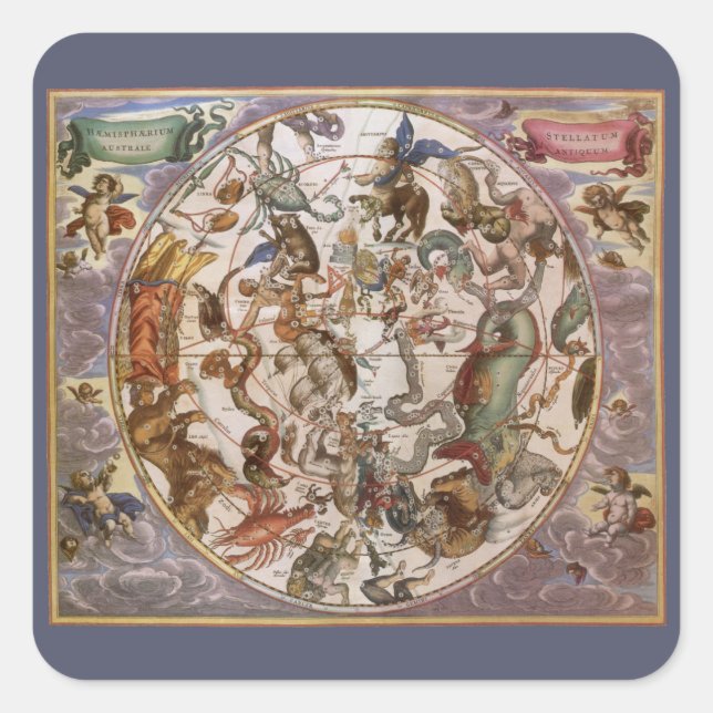 Pegatina Cuadrada Astronomía de época, constelaciones del cielo meri (Anverso)