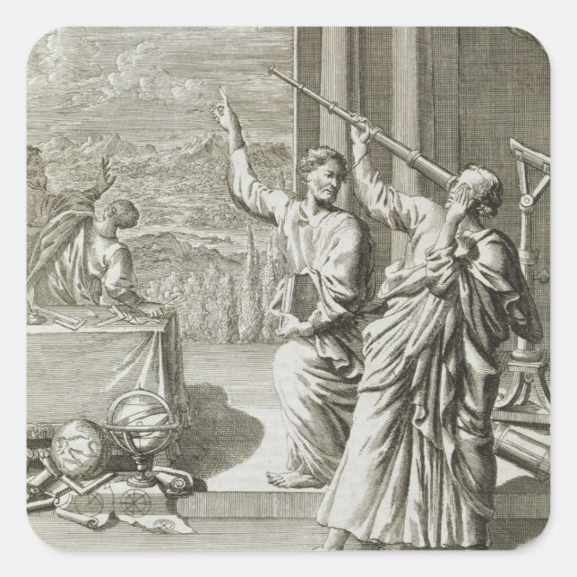 Pegatina Cuadrada Astrónomo griego estudiando las estrellas, ilustra (Anverso)