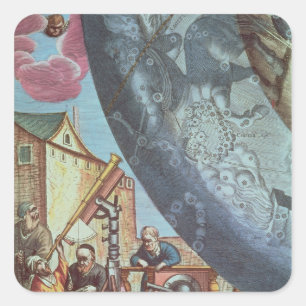 Pegatina Cuadrada Astrónomos mirando a través de un telescopio