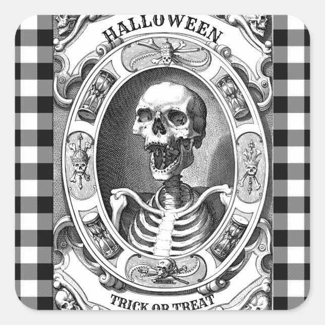 Pegatina Cuadrada Asustado Skeleton negro y blanco para Halloween (Anverso)