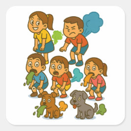 Pegatina Cuadrada ¡Ataque artístico! Niños divertidos y perros Perso