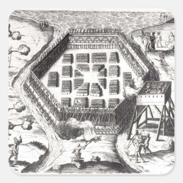 Pegatina Cuadrada Ataque contra un pueblo Iroquois (Anverso)