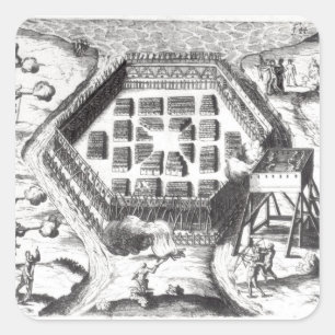 Pegatina Cuadrada Ataque contra un pueblo Iroquois