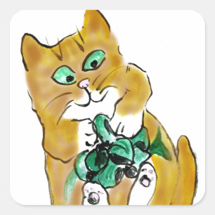 Pegatina Cuadrada Ataque de cinta verde por gatito