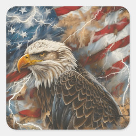 Pegatina Cuadrada Ataque relámpago con águila de bandera estadounide