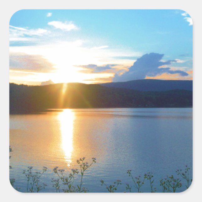 Pegatina Cuadrada Atardecer azul en el lago (Anverso)