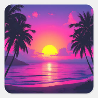 Pegatina Cuadrada Atardecer de Palma de Neón – Estética Tropical Vap