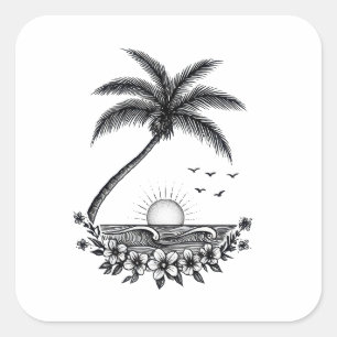 Pegatina Cuadrada Atardecer de Palma Tropical – Arte de Línea Minima