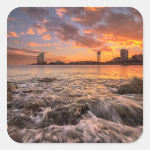 Pegatina Cuadrada Atardecer En Barcelona